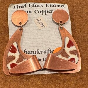Fired Glass Enamel on Copper Earrings Vintage New Pierced Hand Made 3”
